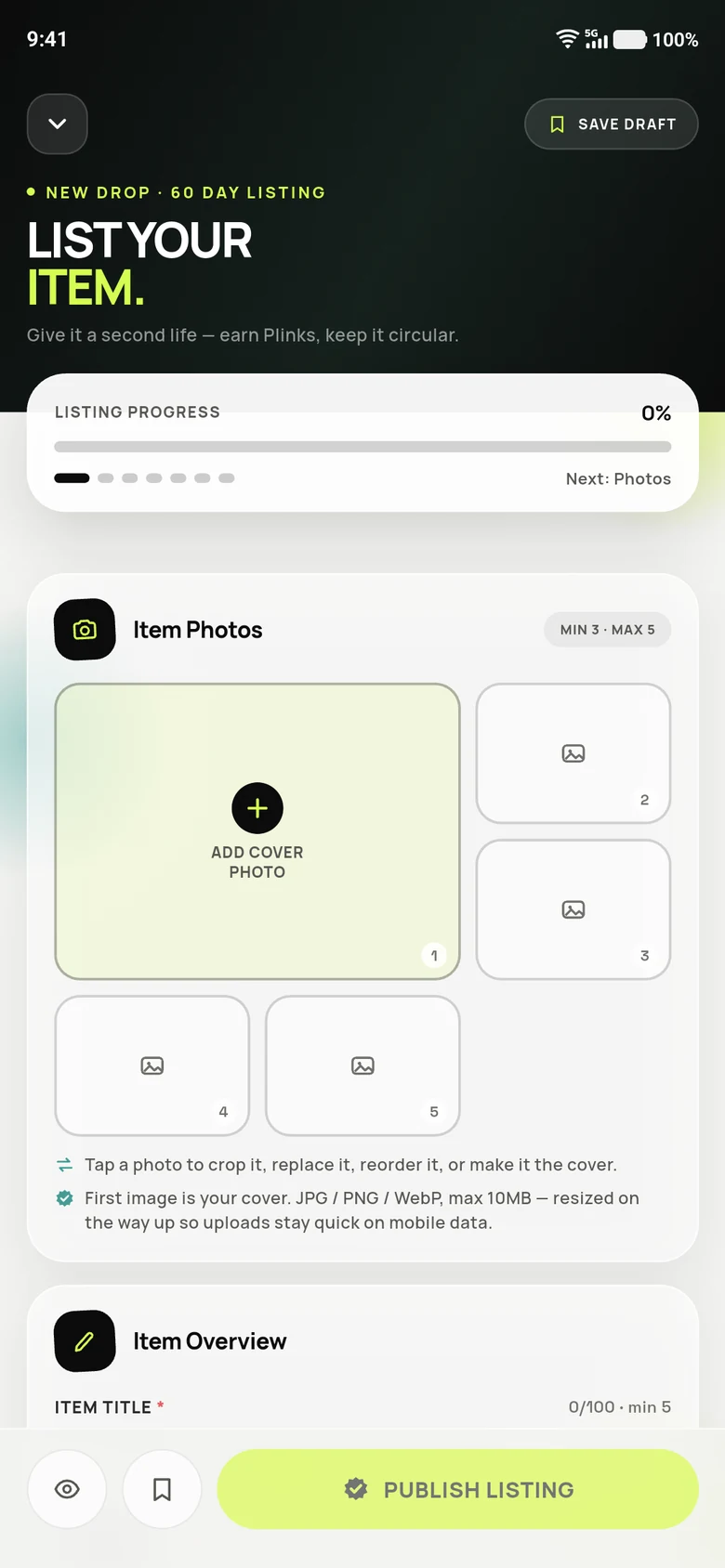 The Fleekart app's create-listing form, photos first