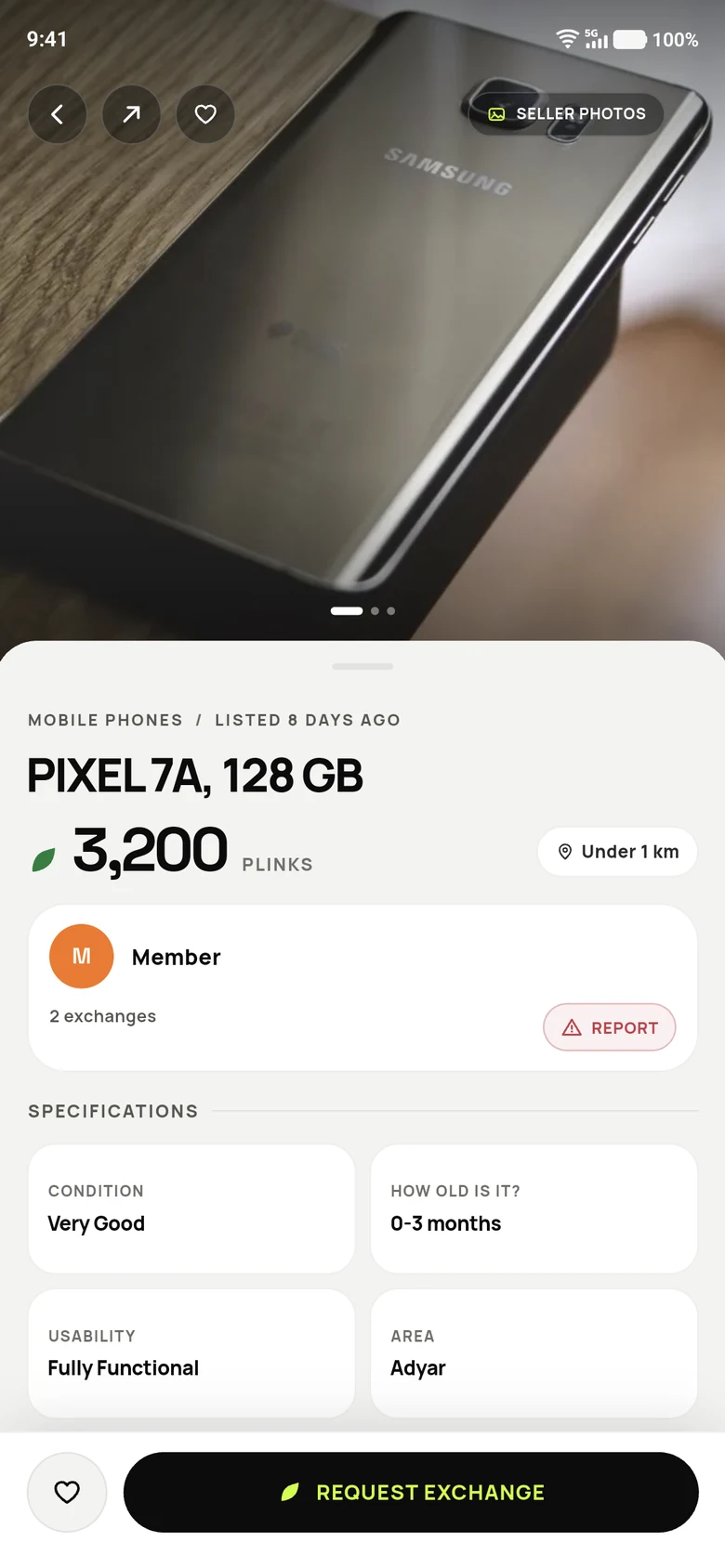 A listing in the Fleekart app with its Request Exchange button