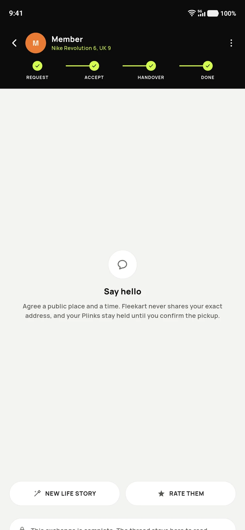An exchange in the Fleekart app, its steps Request, Accept, Handover and Done all complete