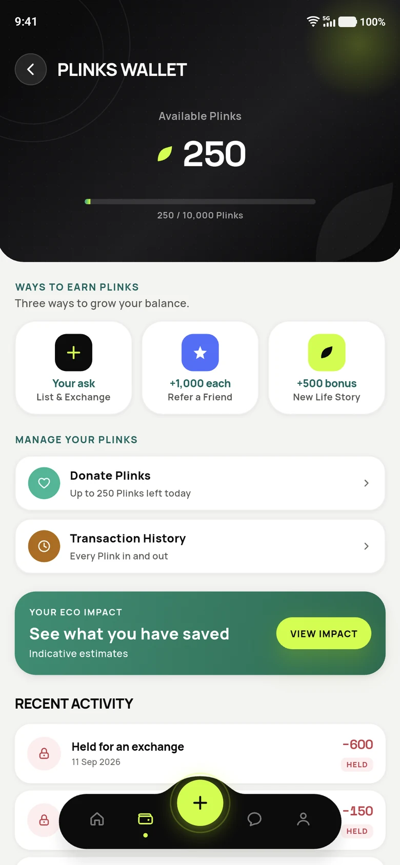The Plinks wallet in the Fleekart app, with the available balance